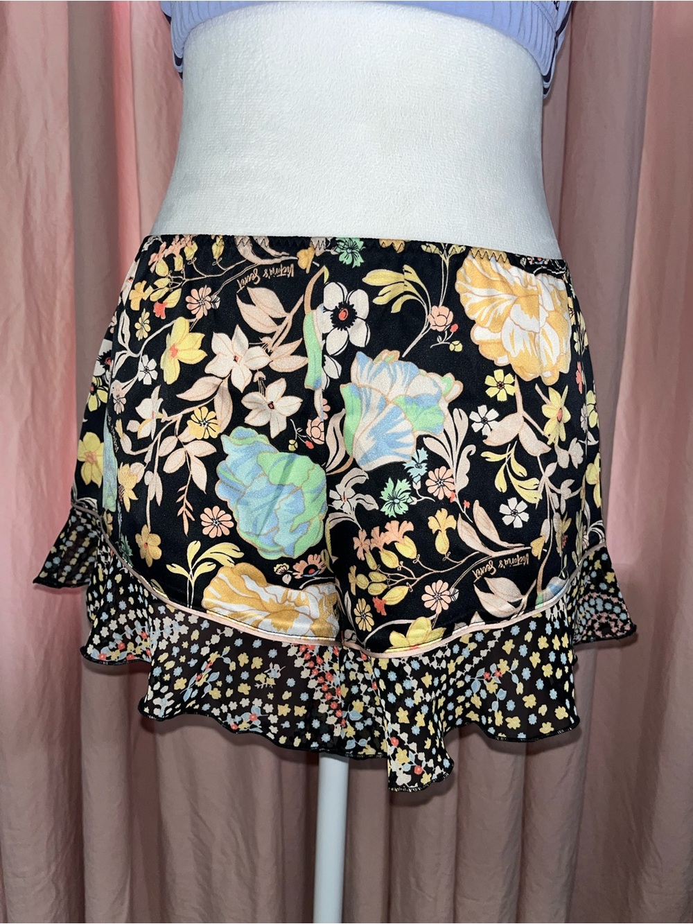 Victoria's Secret Black Floral Ruffle Hem Shorts